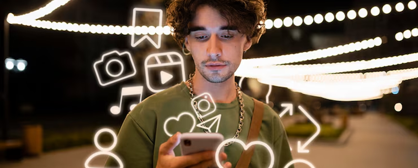 homme avec différent logo de réseau sociaux autour de lui